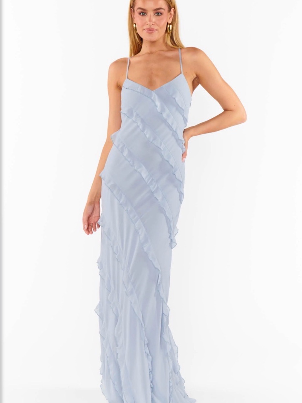 Show Me Your MuMu Pale Blue Ruffle Slip Maxi Dress